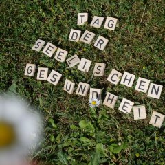 Buchstaben im Gras, die den Schriftzug "Tag der seelischen Gesundheit" bilden, im Vordergrund ein Gänseblümchen