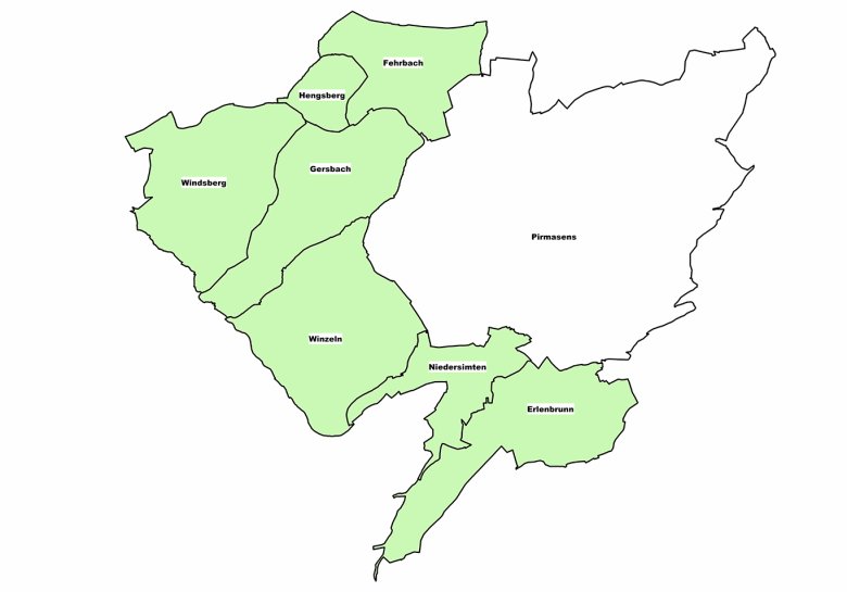 Schematische Karten-Darstellung der Pirmasens umgebenden Ortsbezirke