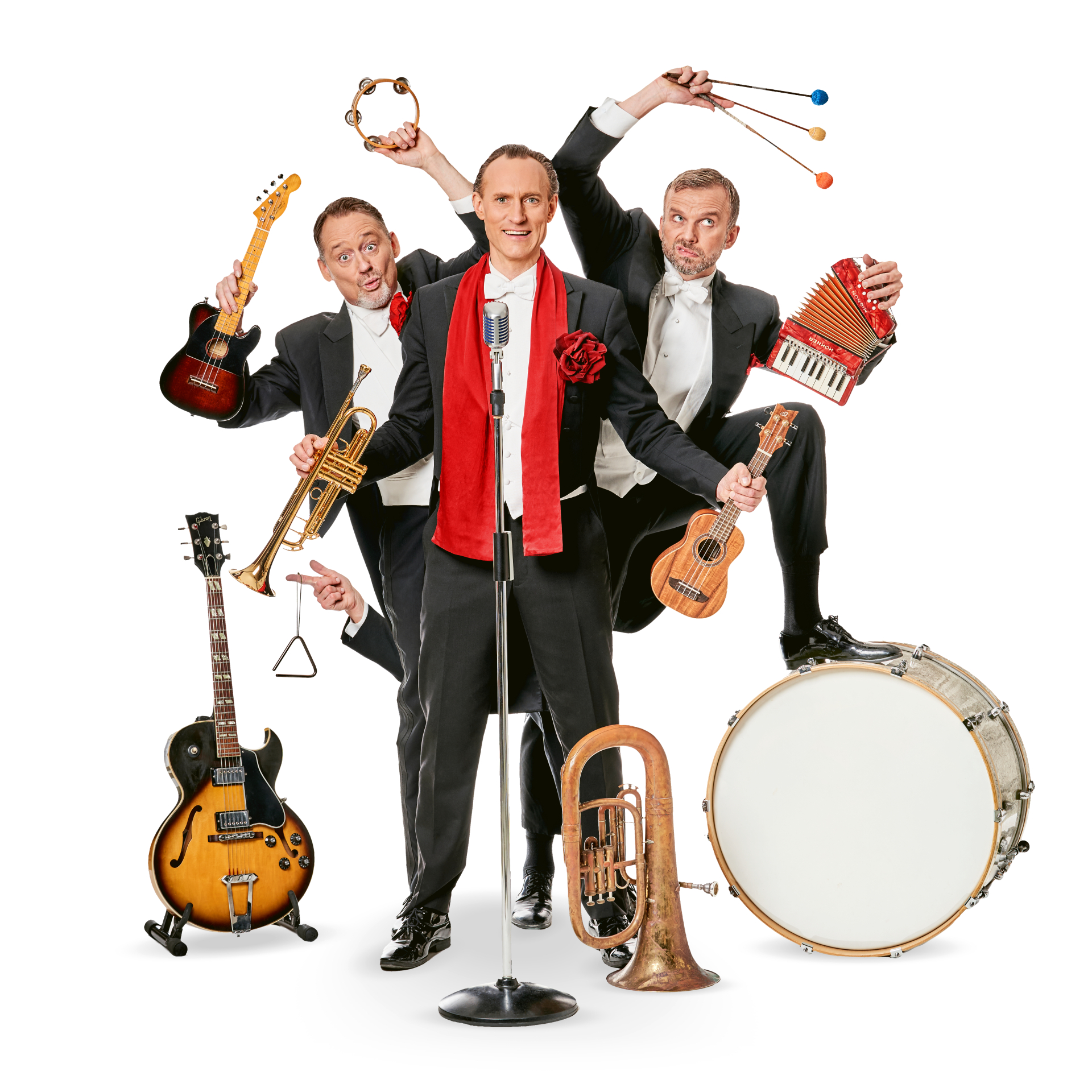 Bidla Buh 3 Männer im Anzug, welche verschiedenste Instrumente halten. Darunter eine Ukulele, Trompete und mehr