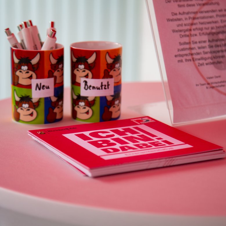 Rote Ideenkarten zum Projekt "ich bin dabei" liegen auf einem Tisch bereit