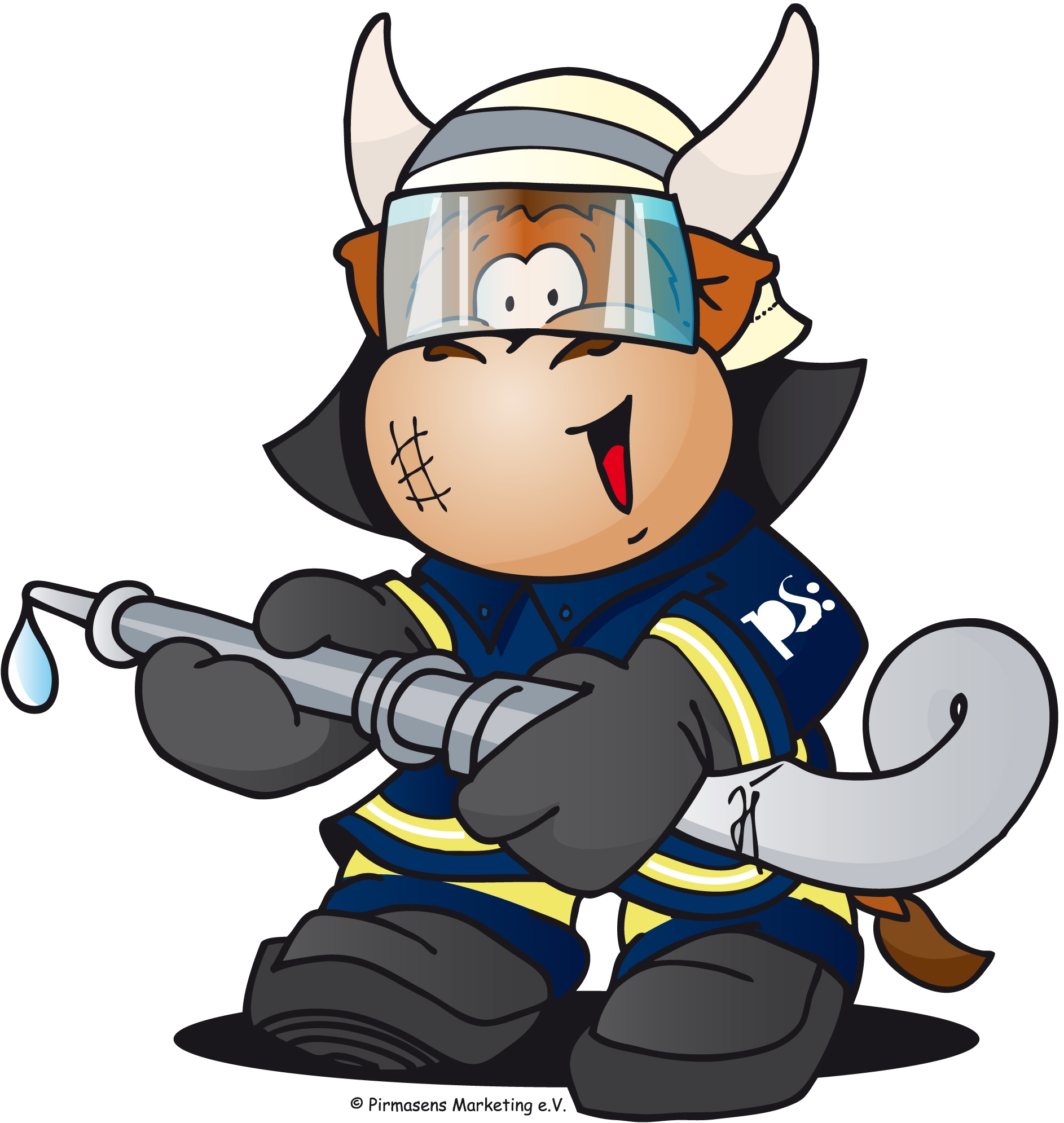 Abgebildet ist Pilou mit Feuerwehrkleidung und Wasserschlauch in der Hand 