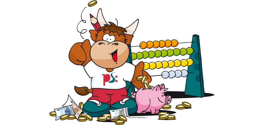 Abgebildet ist Pilou mit Zählrahmen, Geld und Sparschwein 