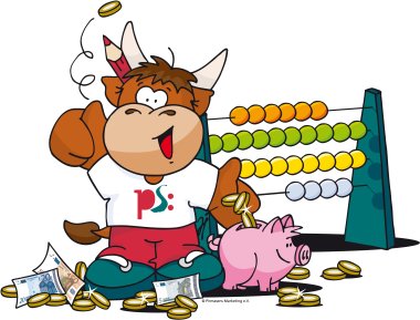 Abgebildet ist Pilou mit Zählrahmen, Geld und Sparschwein 