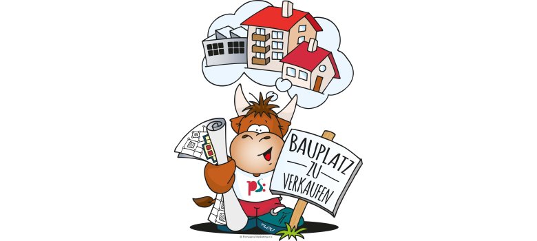 Abgebildet ist Pilou mit Schild Bauplatz zu verkaufen, Bauplänen in der Hand und in Gedankenblase Häuser 