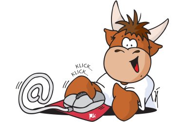 Stadtmaskottchen Pilou hält eine Computermaus in der Hand und klickt