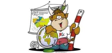 Stadtmaskottchen Pilou mit Lineal und Globus in der Hand und im Hintergrund hängt eine Karte 