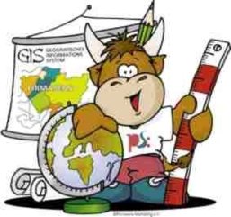 Stadtmaskottchen Pilou mit Lineal und Globus in der Hand und im Hintergrund hängt eine Karte 