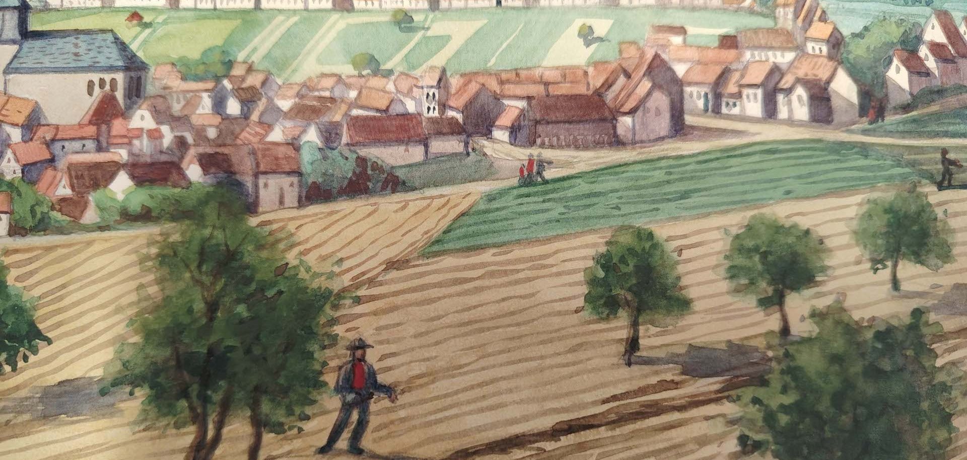 Aquarellmalerei einer ländlichen Szene mit Feldern, Bauern bei der Arbeit und einem Dorf mit Kirche im Hintergrund.