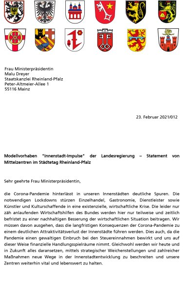 Gemeinsames Schreiben der Mittelzentren im Städtetag - Modelvorhaben 