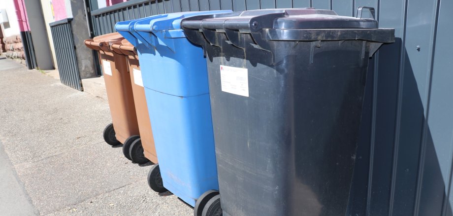 Mehrere Mülltonnen in verschiedenen Farben stehen entlang eines Gehwegs vor einem Gebäude. Zu sehen sind unter anderem schwarze, blaue und braune Abfallbehälter für unterschiedliche Müllarten in einem Wohngebiet. Mehrere Mülltonnen in verschiedenen Farben stehen entlang eines Gehwegs vor einem Gebäude. Zu sehen sind unter anderem schwarze, blaue und braune Abfallbehälter für unterschiedliche Müllarten in einem Wohngebiet.
