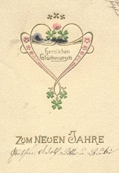 Grußkarte Herzlichen Glückwunsch im Herz und darunter Text zum neuen Jahre 