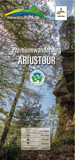Vorderseite Flyer Ariustour mit Felsen und Bäumen aus dem Pfälzerwald 