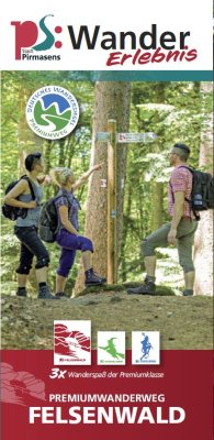 Vorderseite Flyer Felsenwald mit drei Wanderer an einer Wegkreuzung
