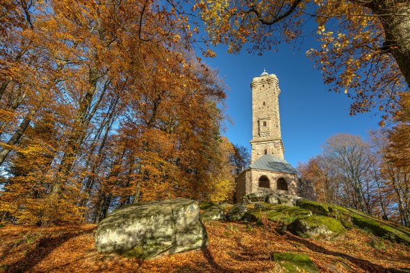 Luitpoldturm umgeben von Bäumen mit Herbstblättern bei blauem Himmel 