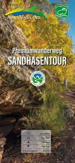 Vorderseite Flyer Sandhasentour grüner Waldboden mit bunten Blättern 