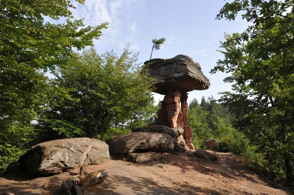 Teufelstisch bei blauem Himmel und umgeben von Wald 