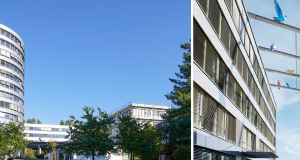 Aufnahme RPTU Standorte Kaiserslautern und Landau zweigeteiltes Bild der Gebäude der Rheinland-Pfalzisch Technischen Universität von ihren beiden Standorten