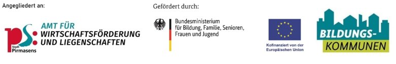 Logos vom Amt für Wirtschaftsförderung und Liegenschaften, Bundesministerium für Forschung, Technologie und Raumfahrt, Europäischen Sozialfonds Plus und Bildungskommunen