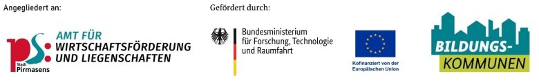 Logos vom Amt für Wirtschaftsförderung und Liegenschaften, Bundesministerium für Forschung, Technologie und Raumfahrt, Europäischen Sozialfonds Plus und Bildungskommunen